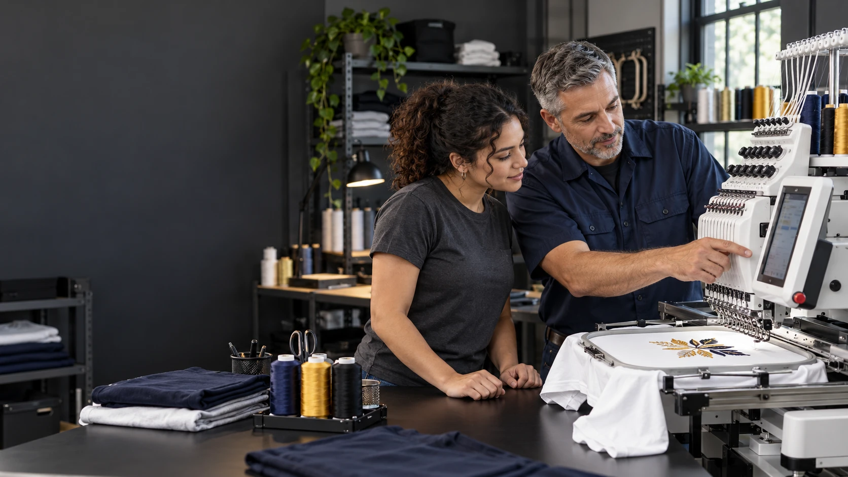 An embroidery trainer explaining machine controls to a learner