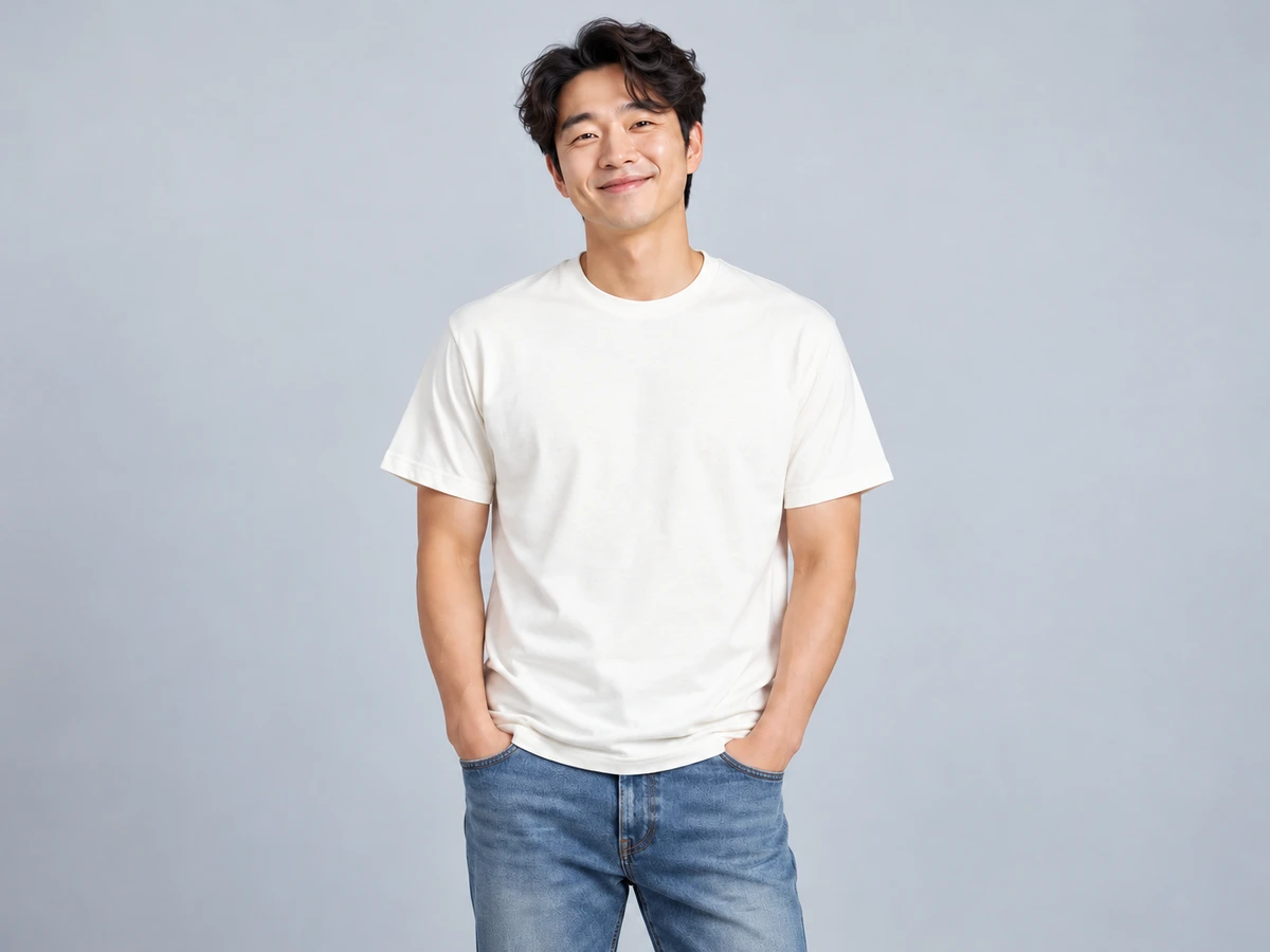 The same man wearing the shirt before the design is added