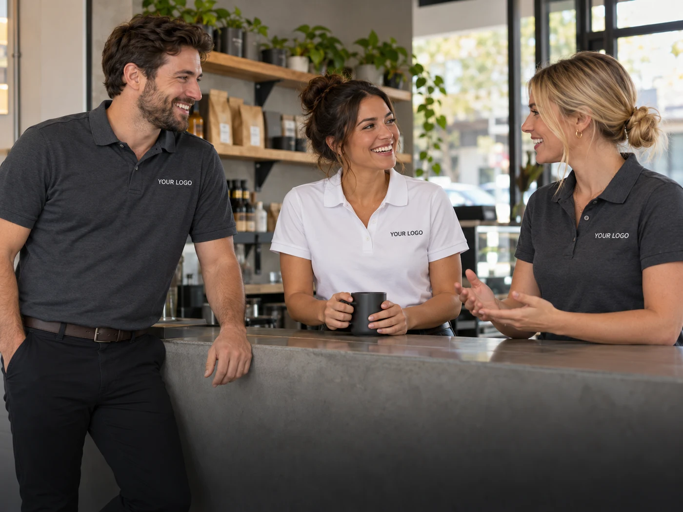 Staff wearing matching logo polos in a small business