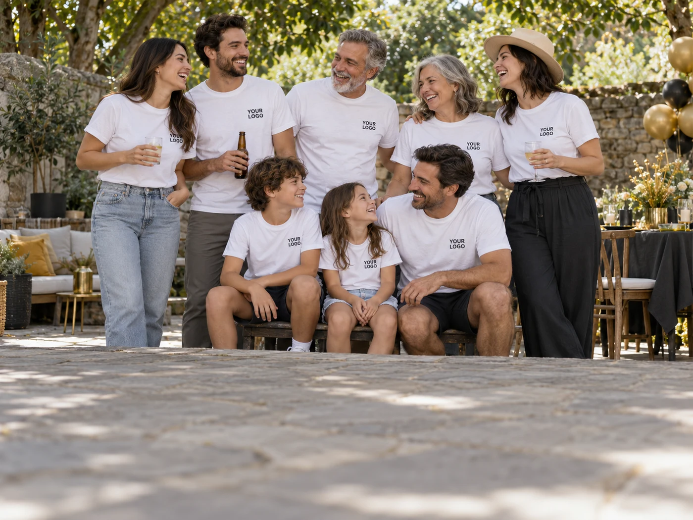 Adults celebrating a reunion in matching logo T-shirts