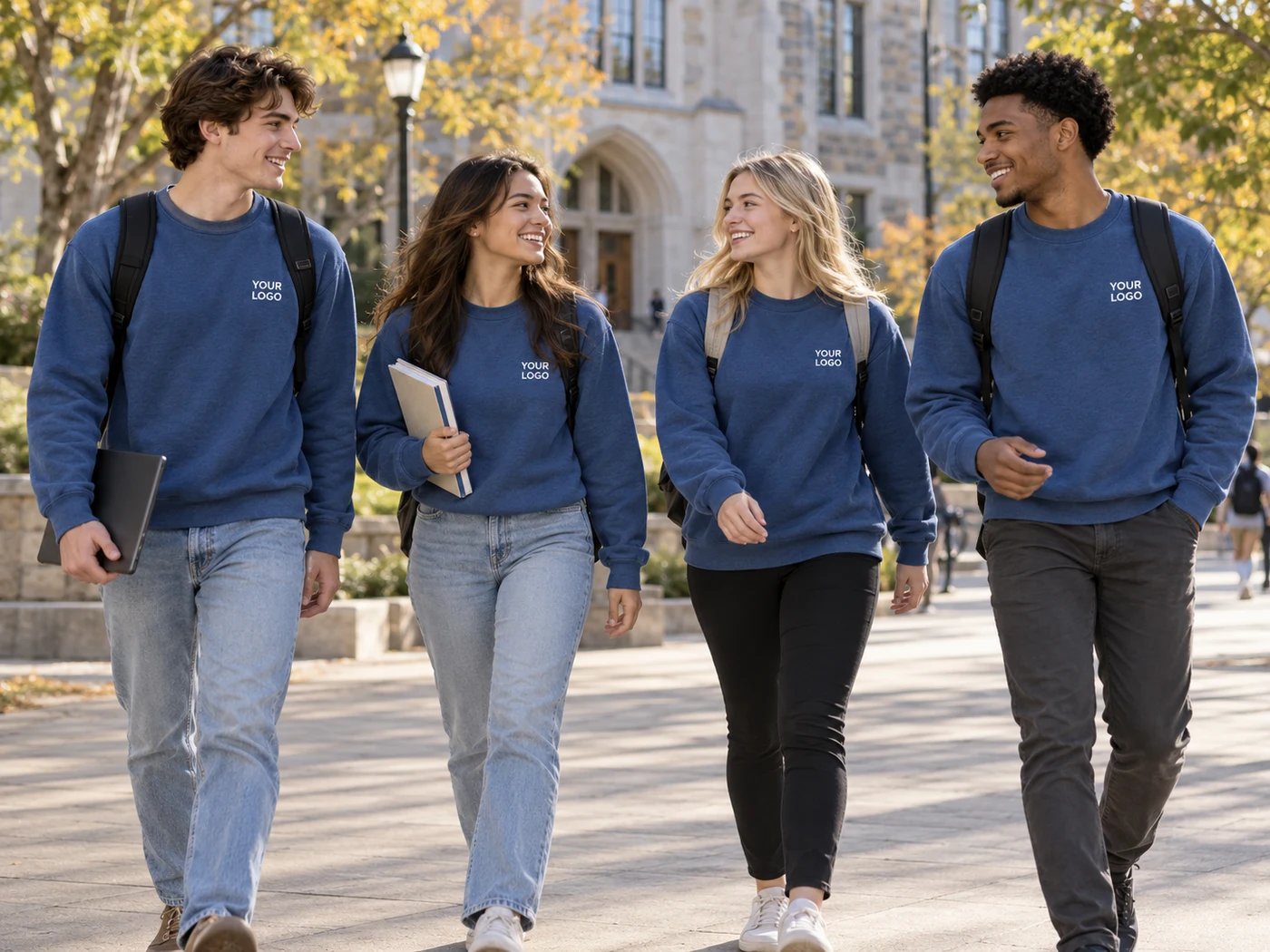 College students wearing matching blue logo sweatshirts