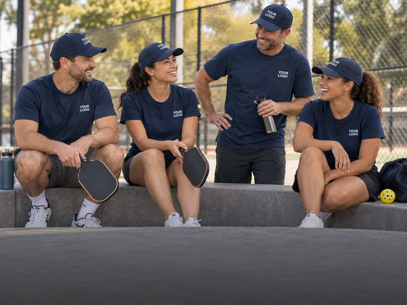 Sports club members wearing matching logo shirts and caps