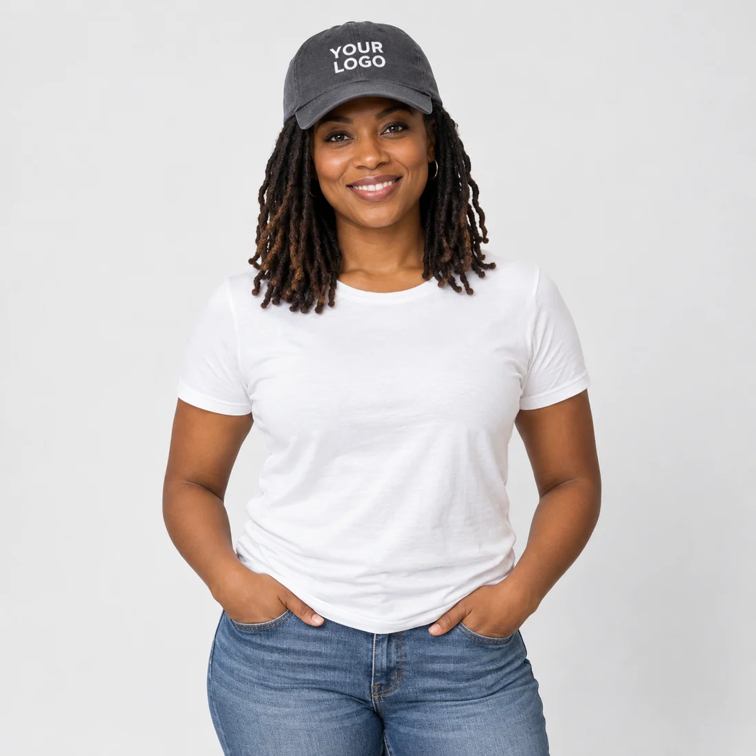 Model wearing a charcoal cap embroidered with YOUR LOGO