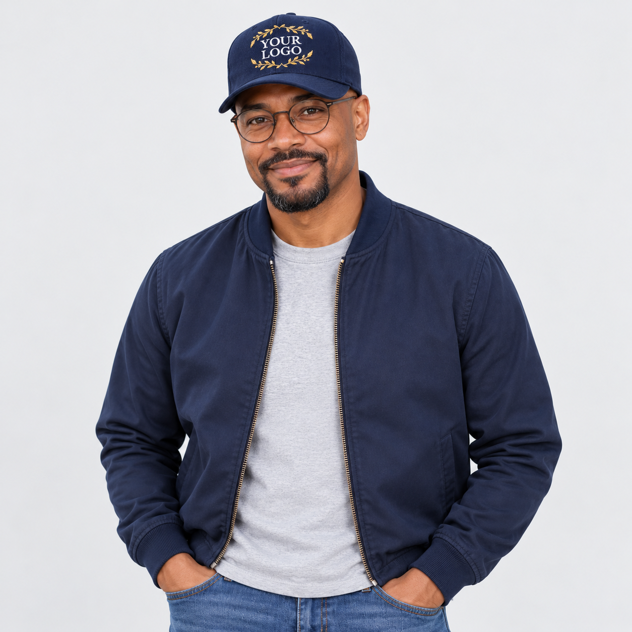Man wearing a navy cap with gold laurel YOUR LOGO embroidery against a light studio backdrop