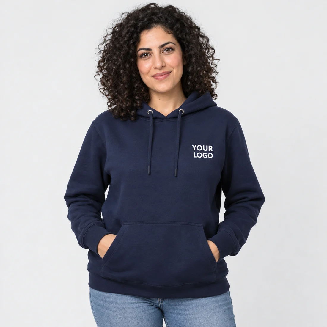 Model wearing a navy YOUR LOGO hoodie