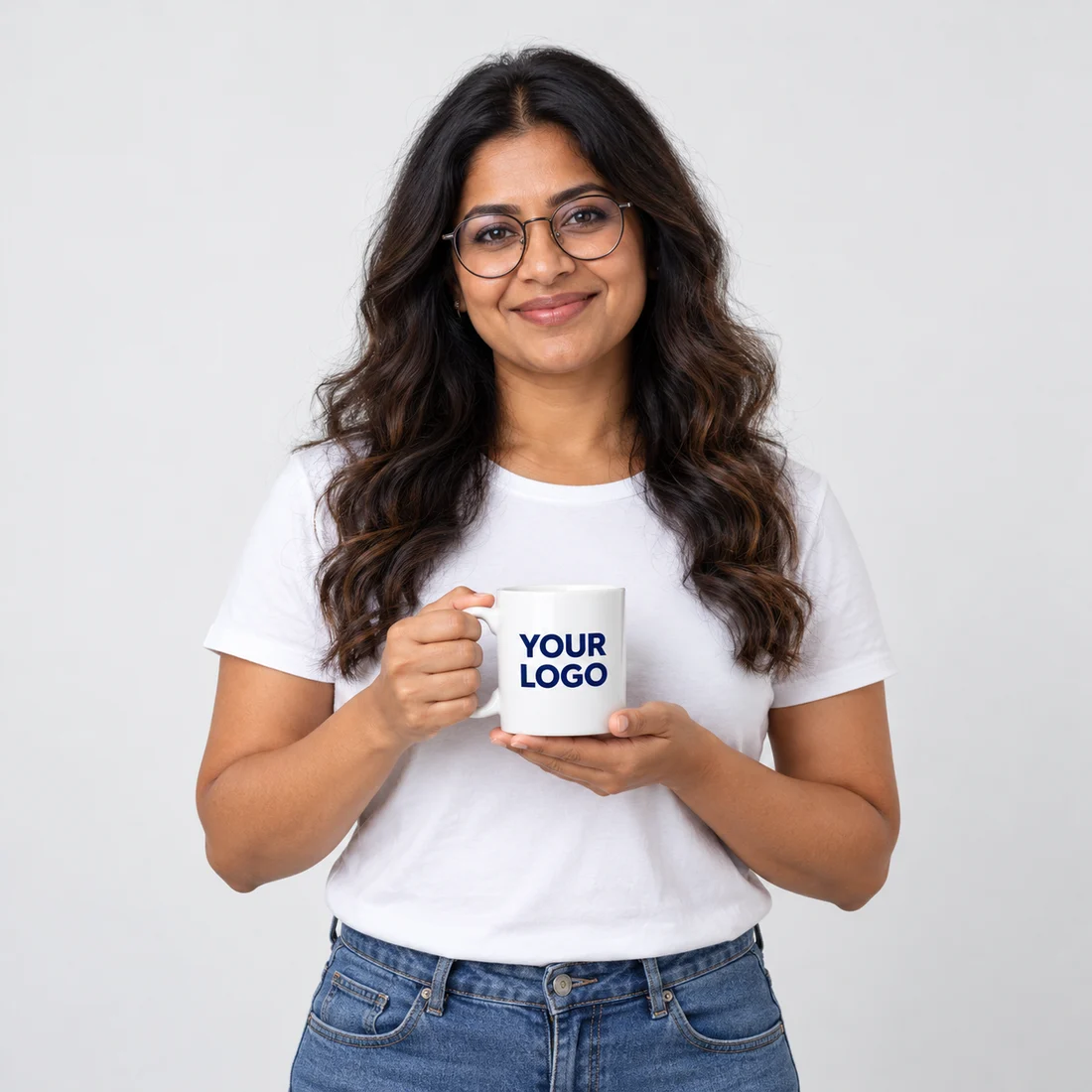 Adult holding a white mug printed with YOUR LOGO