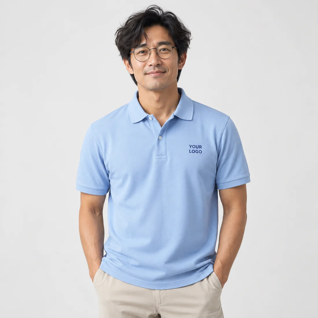 Model wearing a blue polo embroidered with YOUR LOGO