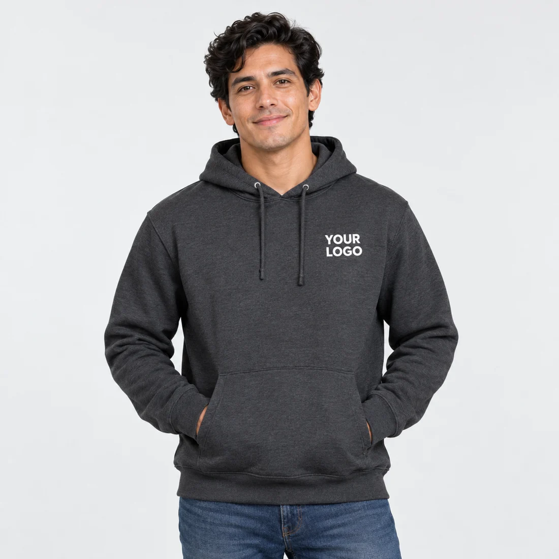 Model wearing a charcoal YOUR LOGO hoodie