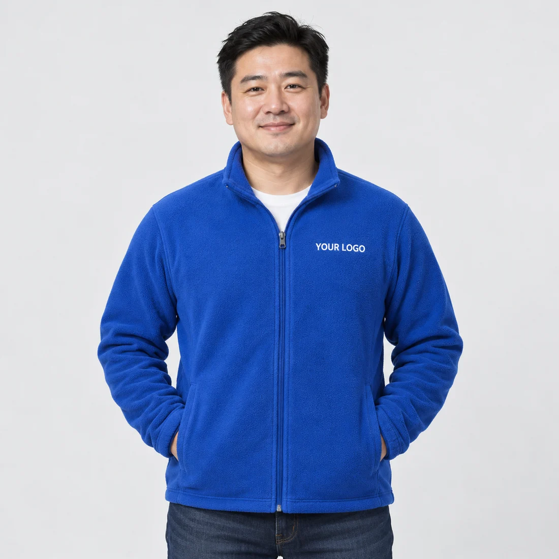 Model wearing a blue jacket embroidered with YOUR LOGO