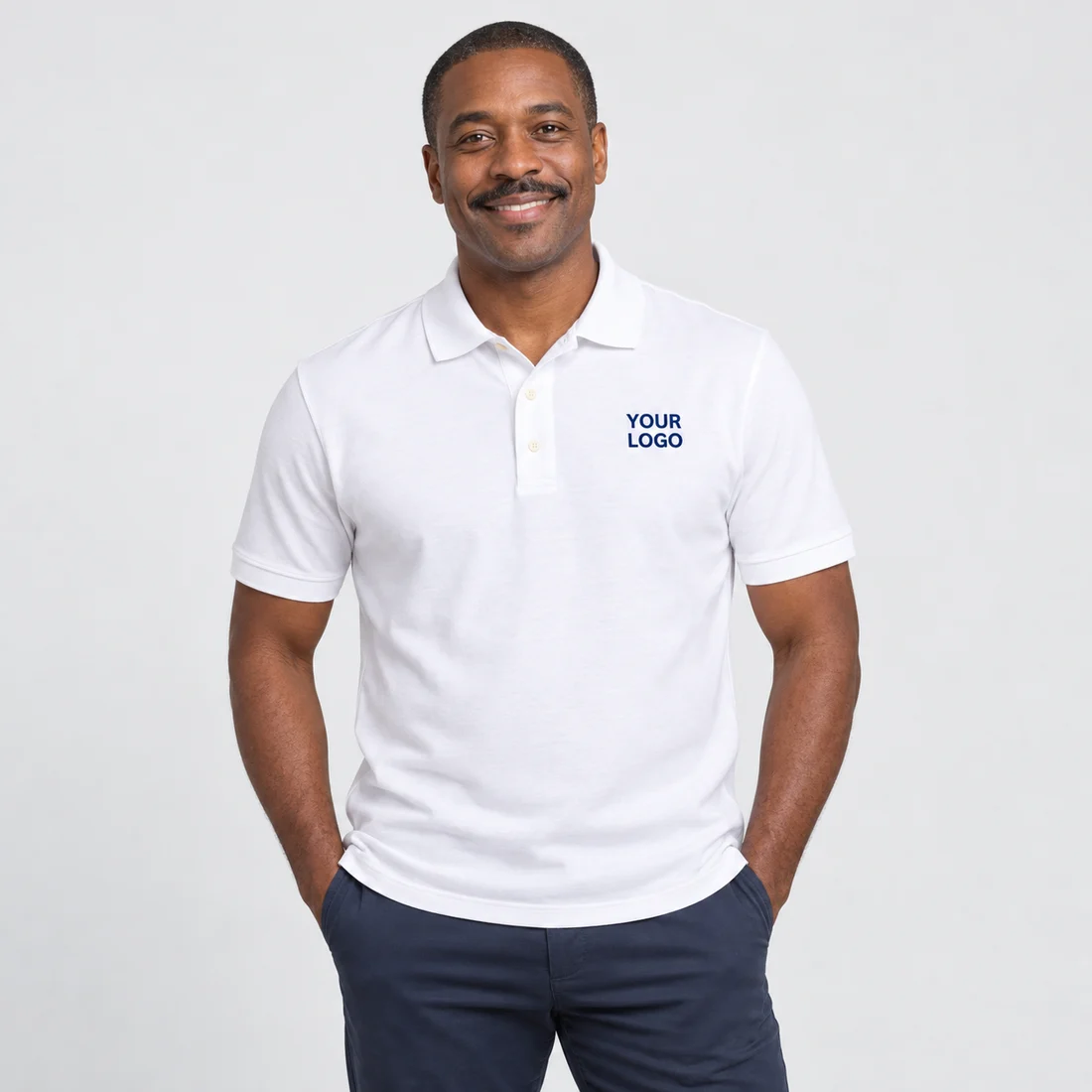 Model wearing a white polo embroidered with YOUR LOGO