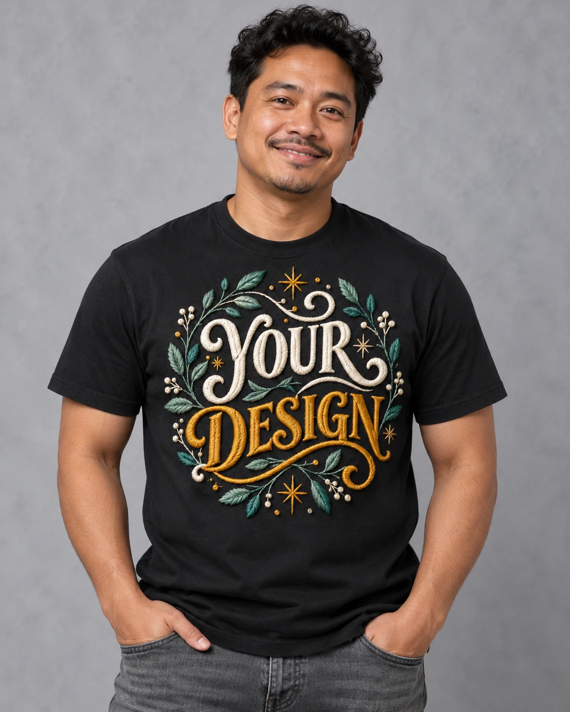 Adult wearing a black shirt with decorative YOUR DESIGN embroidery