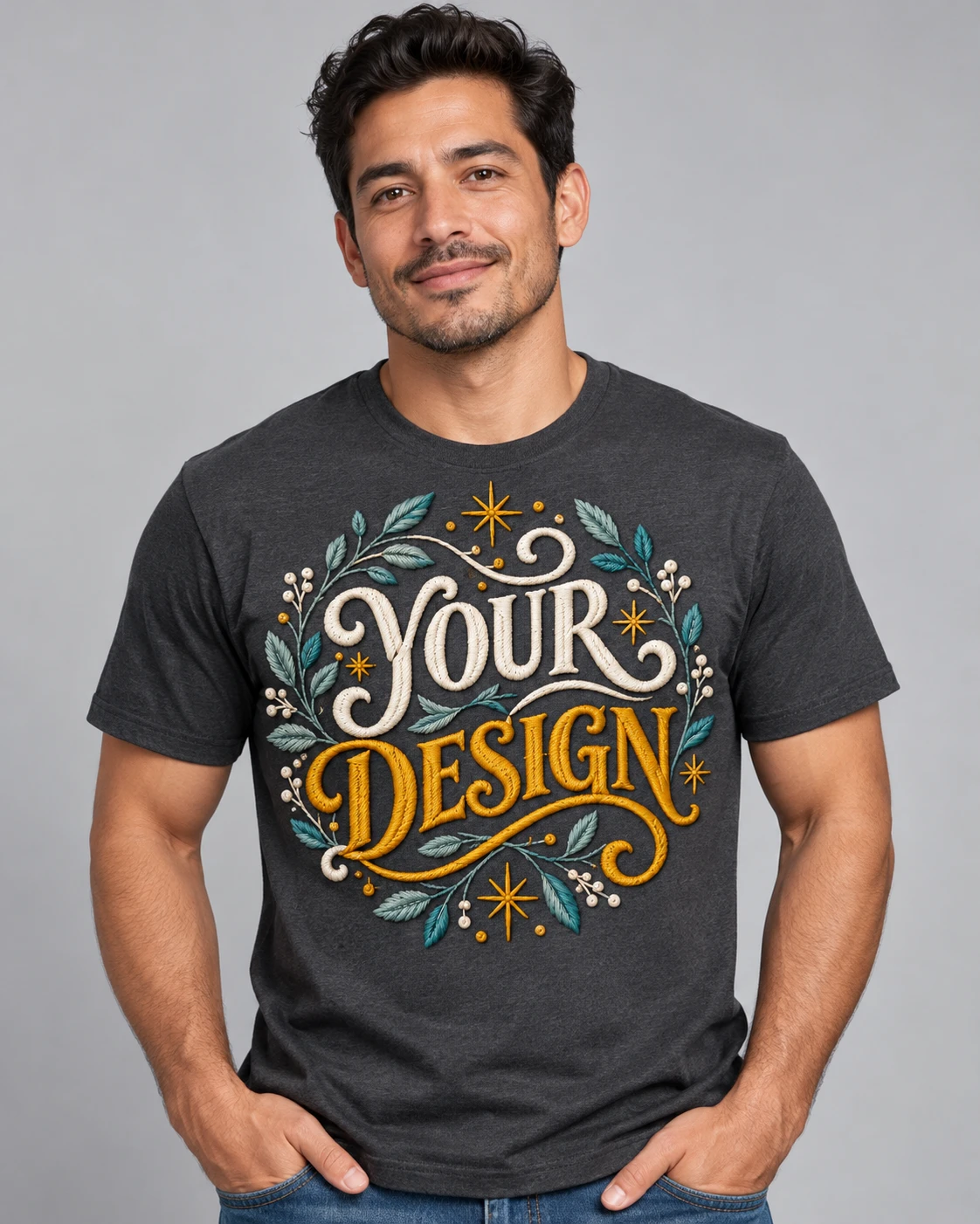 Adult wearing a charcoal shirt with a decorative YOUR DESIGN print