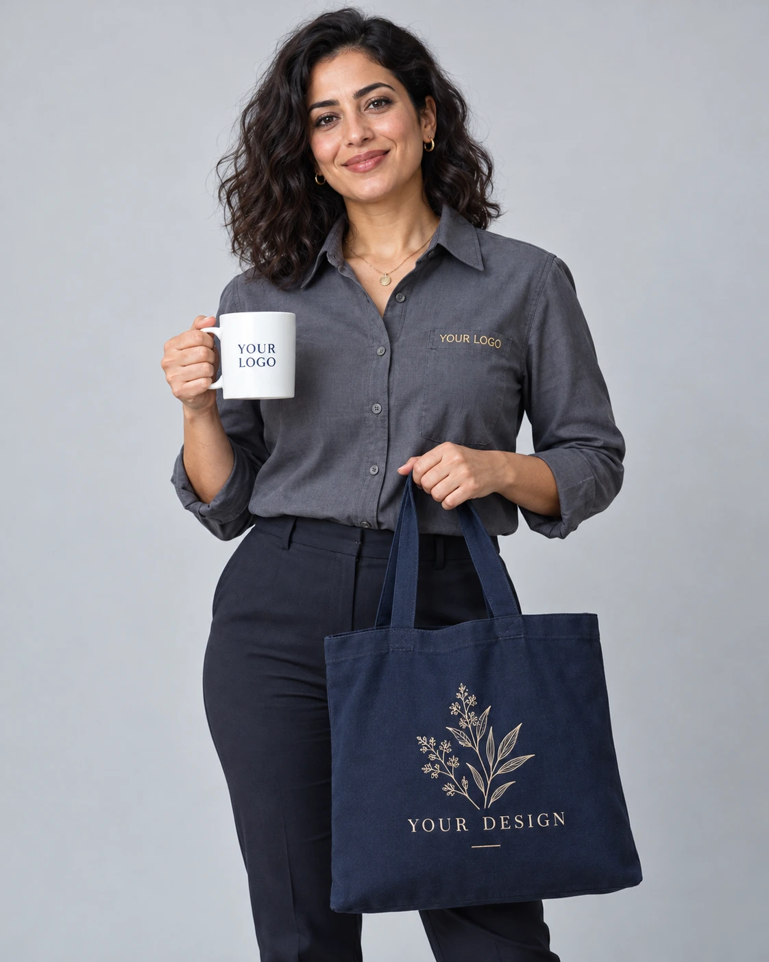 Adult wearing an embroidered uniform shirt and holding a custom mug and tote bag
