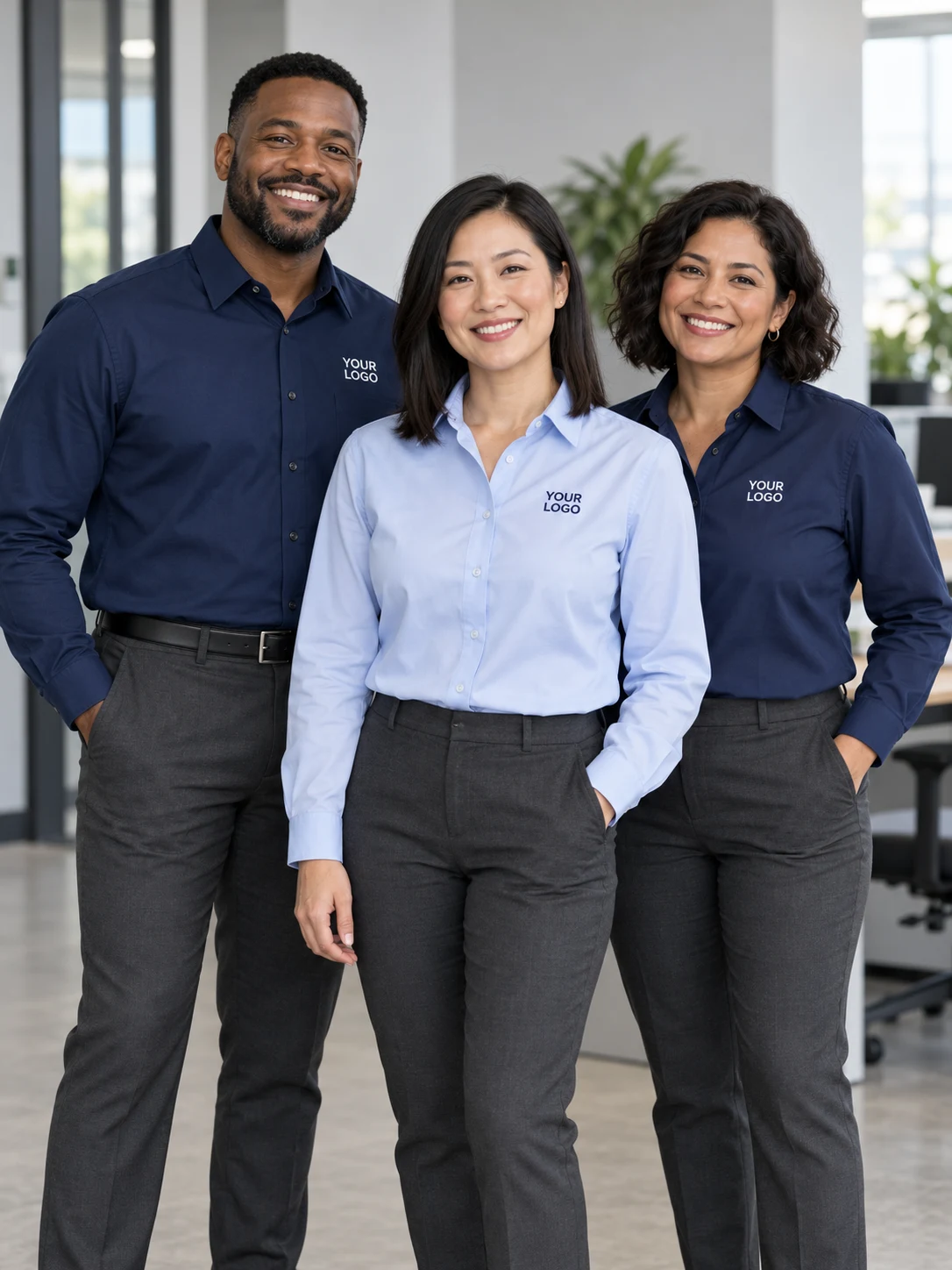 Adults wearing matching branded work shirts