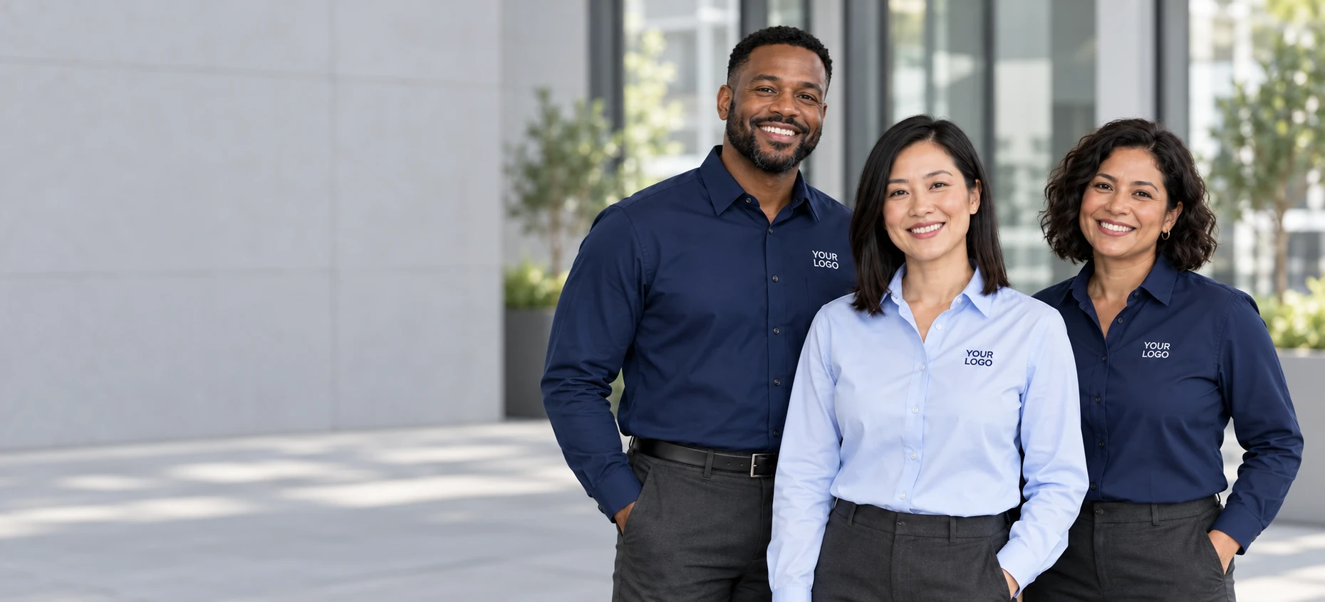 Three people wearing coordinated embroidered business uniforms outside a creative studio