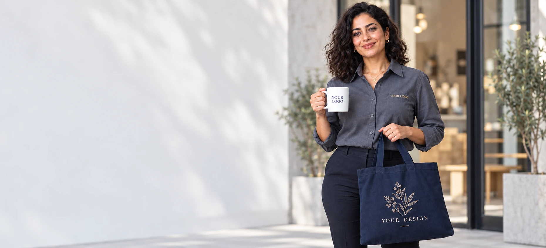 Woman holding a personalized mug and embroidered tote outside a studio