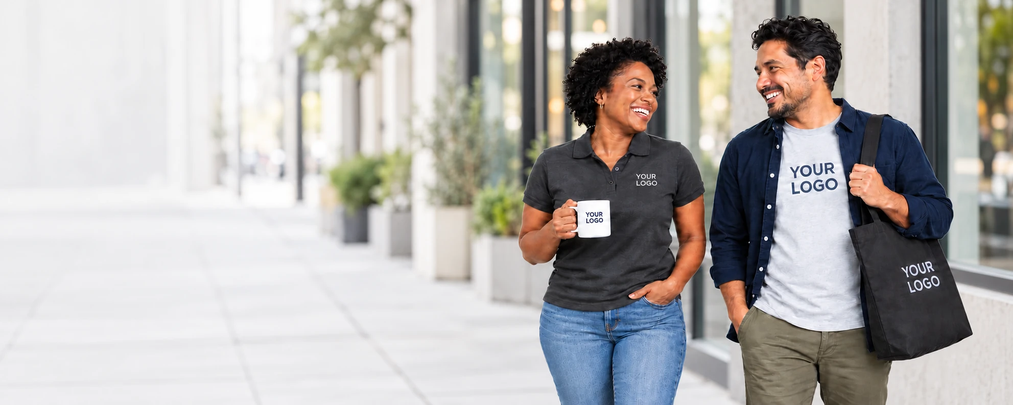 Two adults in custom apparel sharing a smile on an urban sidewalk, holding a personalized mug and tote