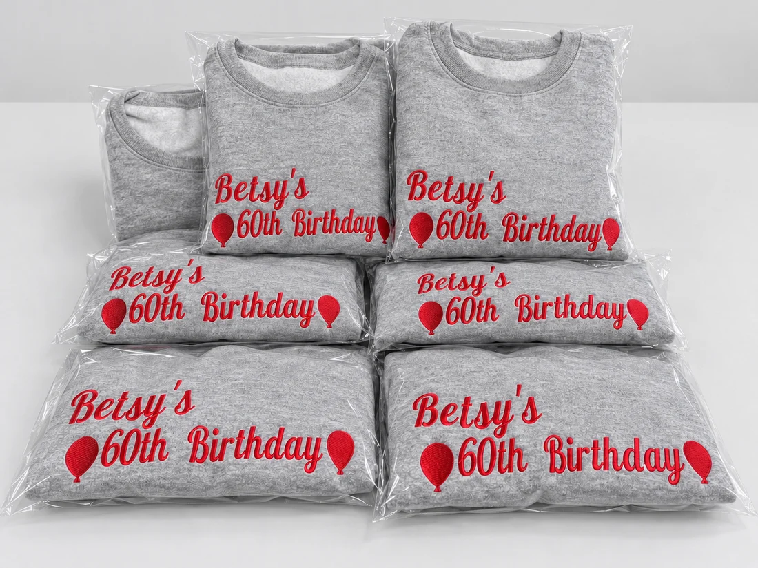 Gray birthday sweatshirts with red embroidery