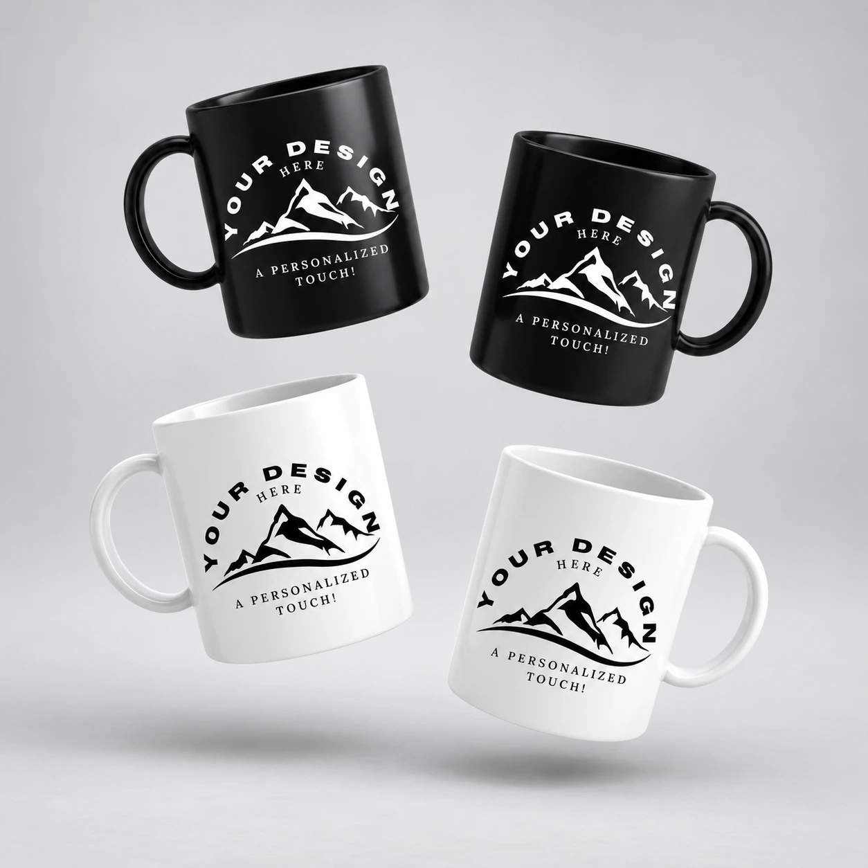 Black and white mugs with a mountain graphic shown as design examples