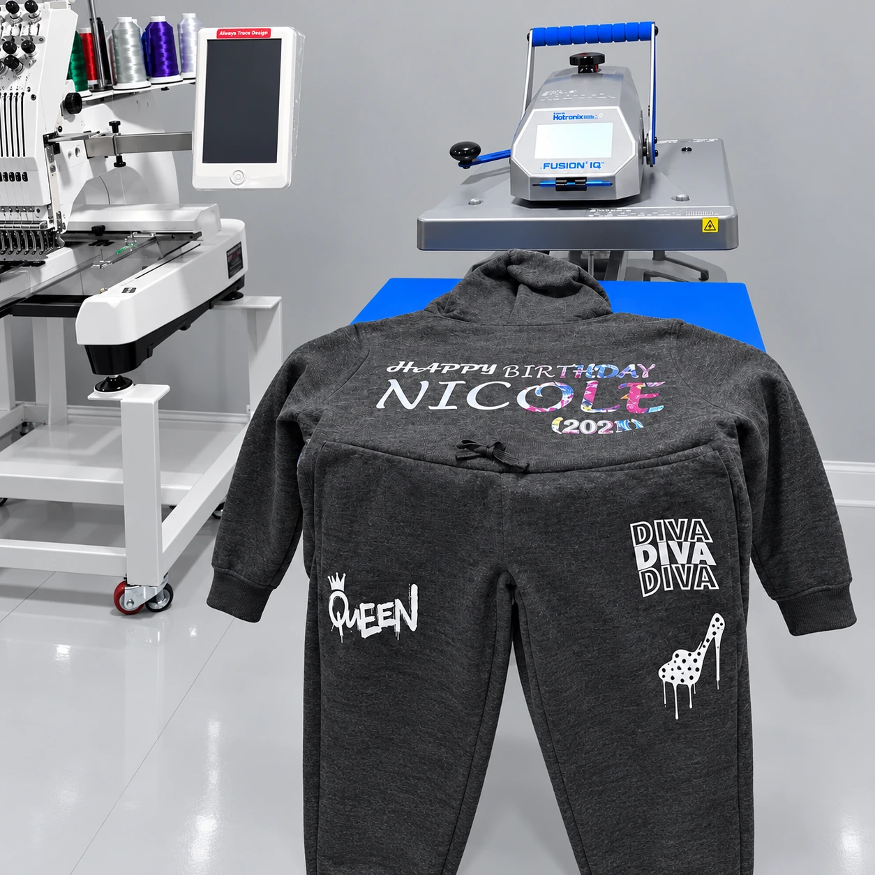 Personalized gray hoodie draped beneath the workshop heat press