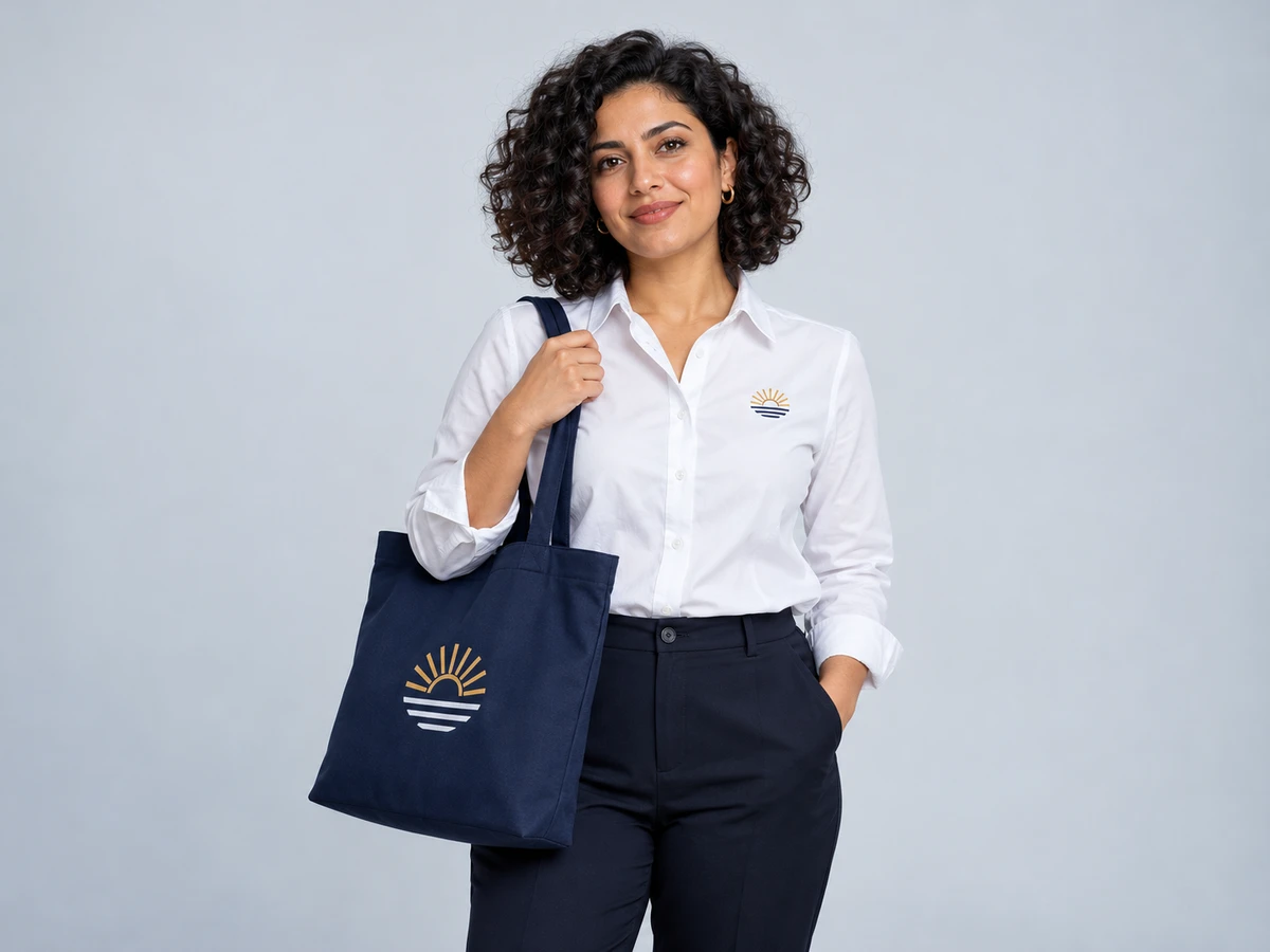 A 35-year-old Arab woman with a dark curly bob wearing a white corporate shirt embroidered with a small navy and gold abstract sunrise emblem; holding a navy tote with exactly the matching emblem, confidently showing cohesive brand colors.