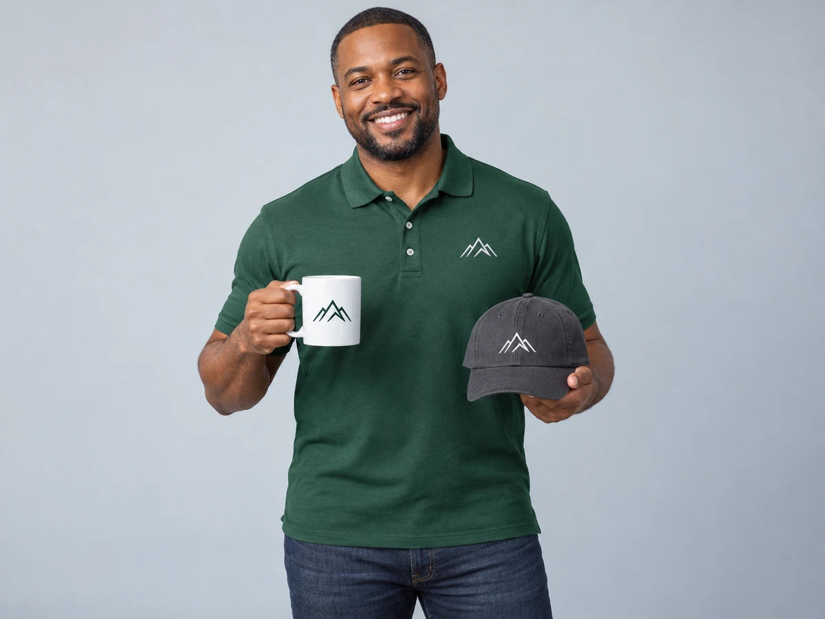 A 37-year-old Black man with close cropped hair wearing a forest green embroidered polo and holding a white branded ceramic mug in one hand and a charcoal embroidered cap in the other, demonstrating a useful branded merchandise mix.