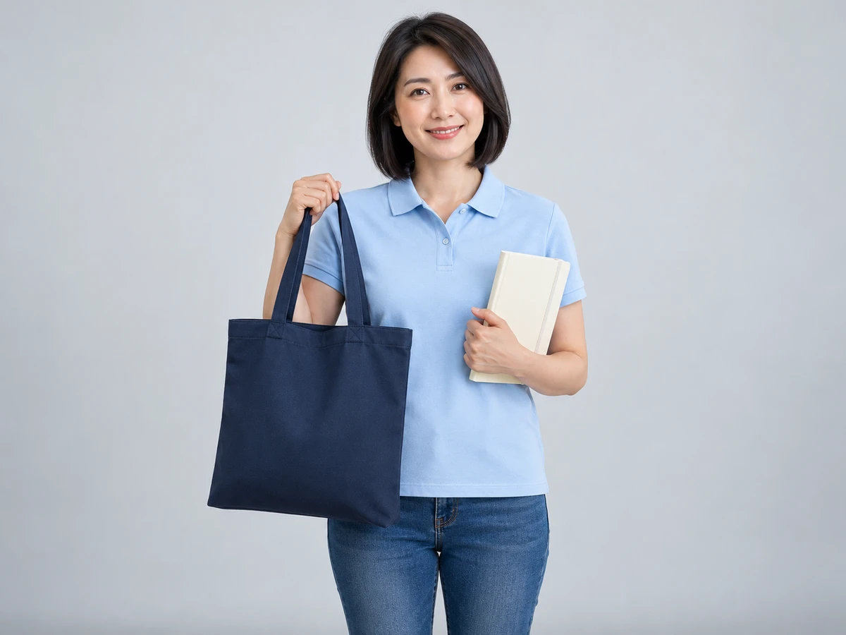 A 40-year-old East Asian woman with chin length straight hair wearing a light blue branded polo, holding a single neatly presented navy tote and a simple cream notebook, representing a small practical first branded collection. No charts or visible writing.