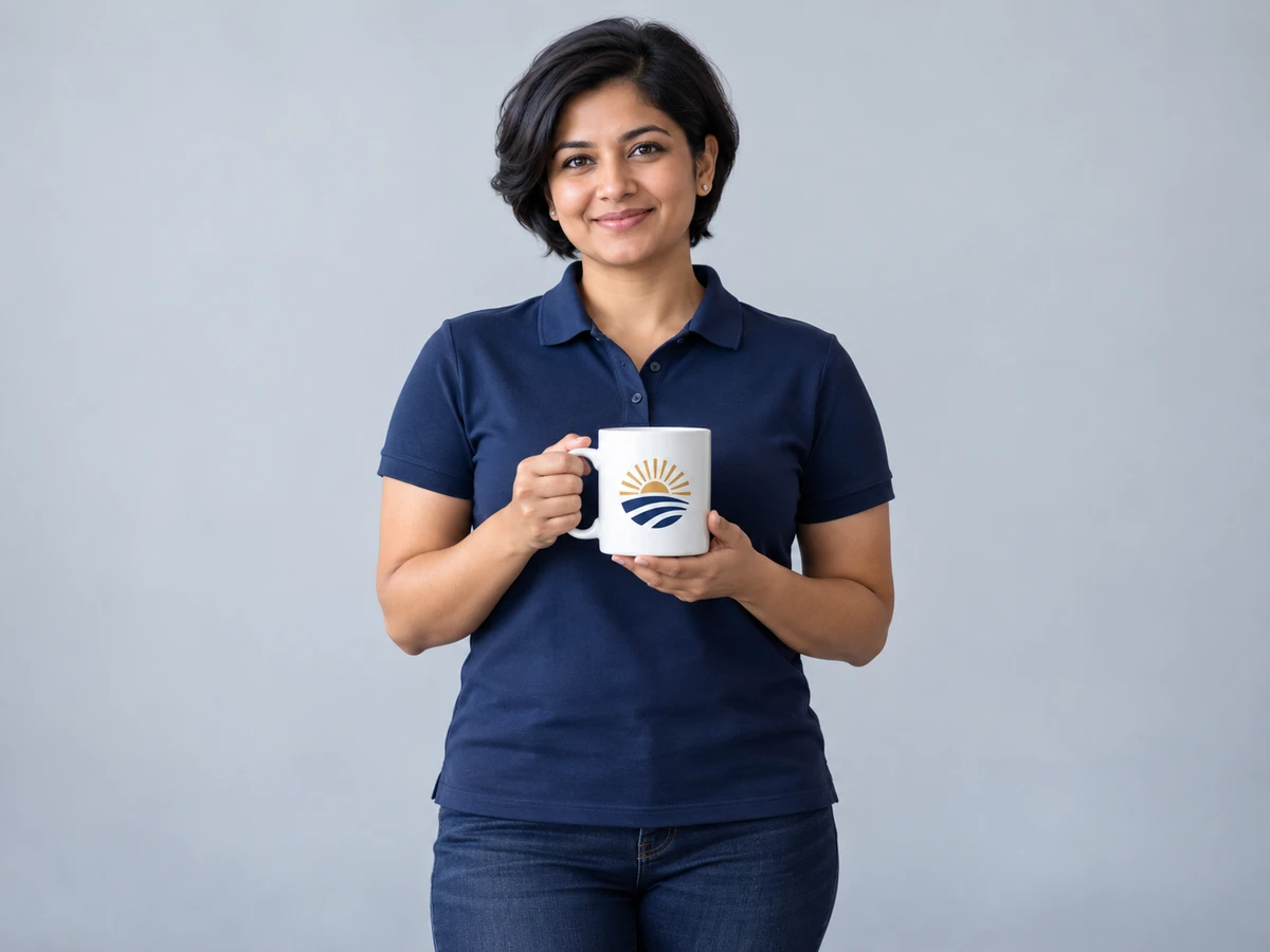A 36-year-old South Asian woman with short dark hair wearing a navy corporate polo, holding a large white ceramic mug at chest height with a crisp gold and navy abstract sunrise brand emblem facing camera.
