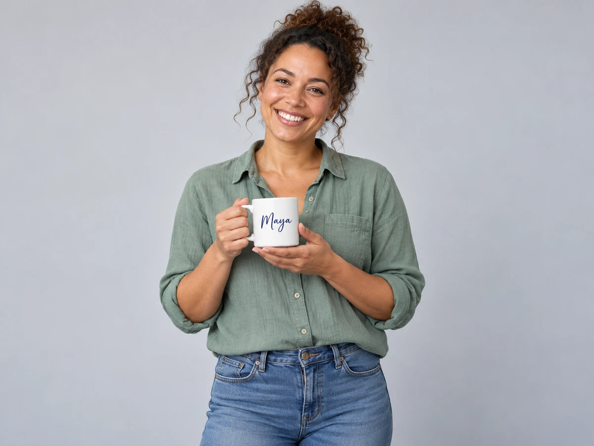 A 34-year-old mixed race woman with curly brown hair in a loose bun wearing a muted sage shirt, smiling while holding a white ceramic mug in both hands with the name Maya printed clearly in elegant navy script facing camera.