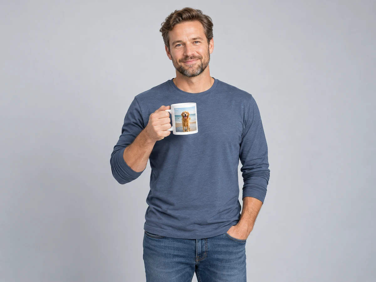 A 40-year-old white man with dark blond hair and short beard wearing a slate blue shirt, warmly holding a white photo mug at chest height; mug shows a small rectangular printed photograph of a golden retriever at a beach, image clearly on curved mug surface.
