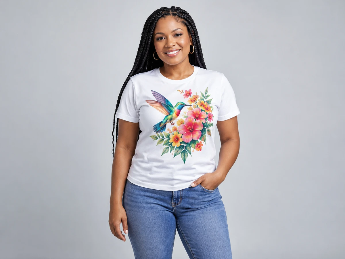 A 35-year-old Black woman with long braids wearing a white T-shirt with a vibrant detailed floral hummingbird graphic print on the front, bright multicolor direct-to-film printed finish.