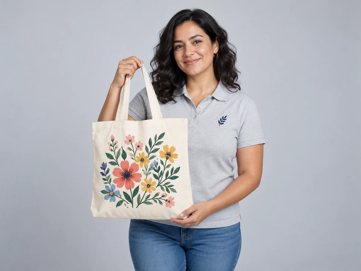 A 37-year-old Latina woman with shoulder length dark wavy hair wearing a light gray polo with small navy stitched leaf emblem, holding an ivory canvas tote featuring a colorful printed floral design, showing appropriate embroidery on polo and print on canvas.