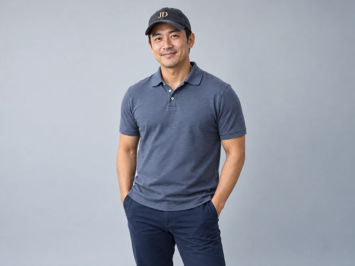 A 39-year-old East Asian man wearing a slate polo and a charcoal baseball cap embroidered with elegant gold initials JD, full cap with generous headroom, friendly three quarter portrait.