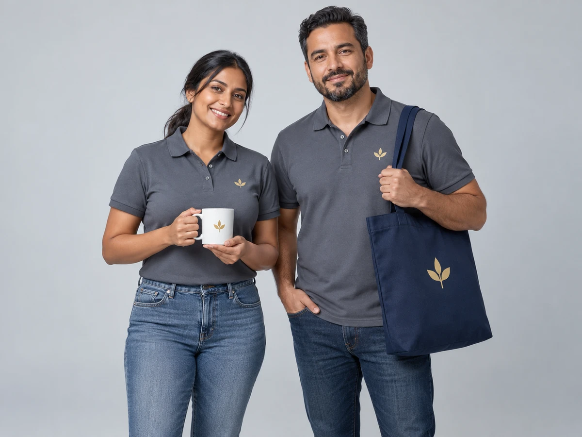 Two adults, a 36-year-old Indian woman with a low ponytail and a 39-year-old Latino man with a neat beard, wearing coordinated slate polos with the same small gold leaf emblem; the woman holds a white mug with the same emblem and the man holds a navy tote with the same emblem.