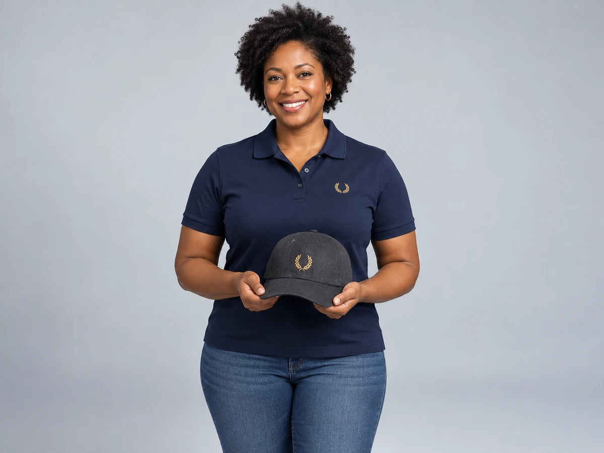 A 38-year-old Black woman with a short natural afro wearing a navy polo with a small gold embroidered laurel emblem on the chest, holding a charcoal cap with the matching stitched emblem at waist height.