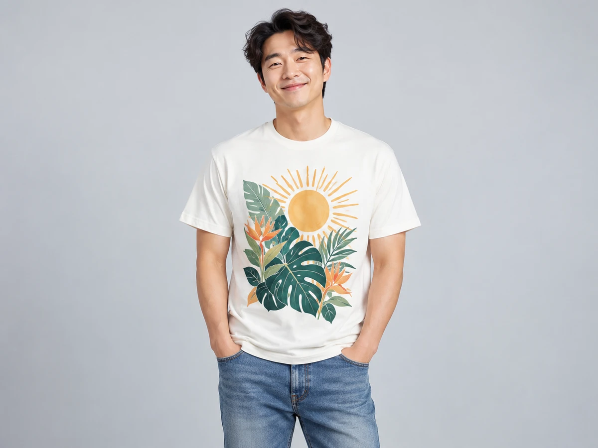 A smiling 34-year-old Korean man with short wavy hair wearing an ivory T-shirt with a large colorful botanical sun and leaf graphic clearly printed on the front.