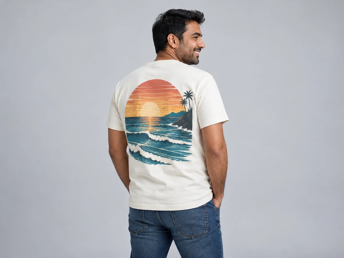 A 38-year-old South Asian man with short black hair standing with his back three quarters to camera, head turned slightly with natural smile, wearing an ivory T-shirt with a large colorful stylized sunset and waves graphic on the back, entire back print clearly visible.