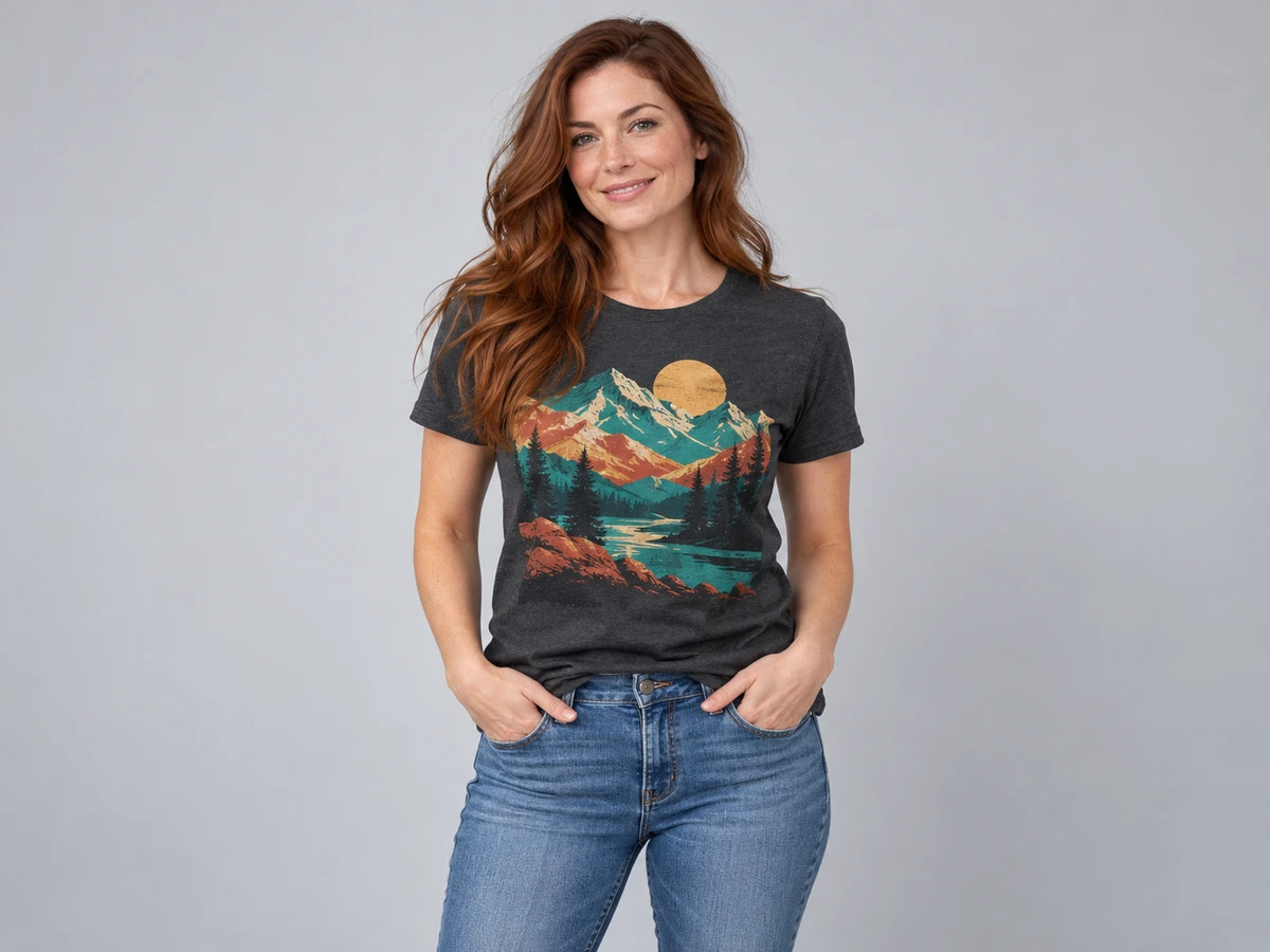 A 36-year-old white woman with long auburn hair wearing a charcoal T-shirt with a bold colorful mountain landscape art print across the front, vivid teal terracotta and gold screenprint colors.