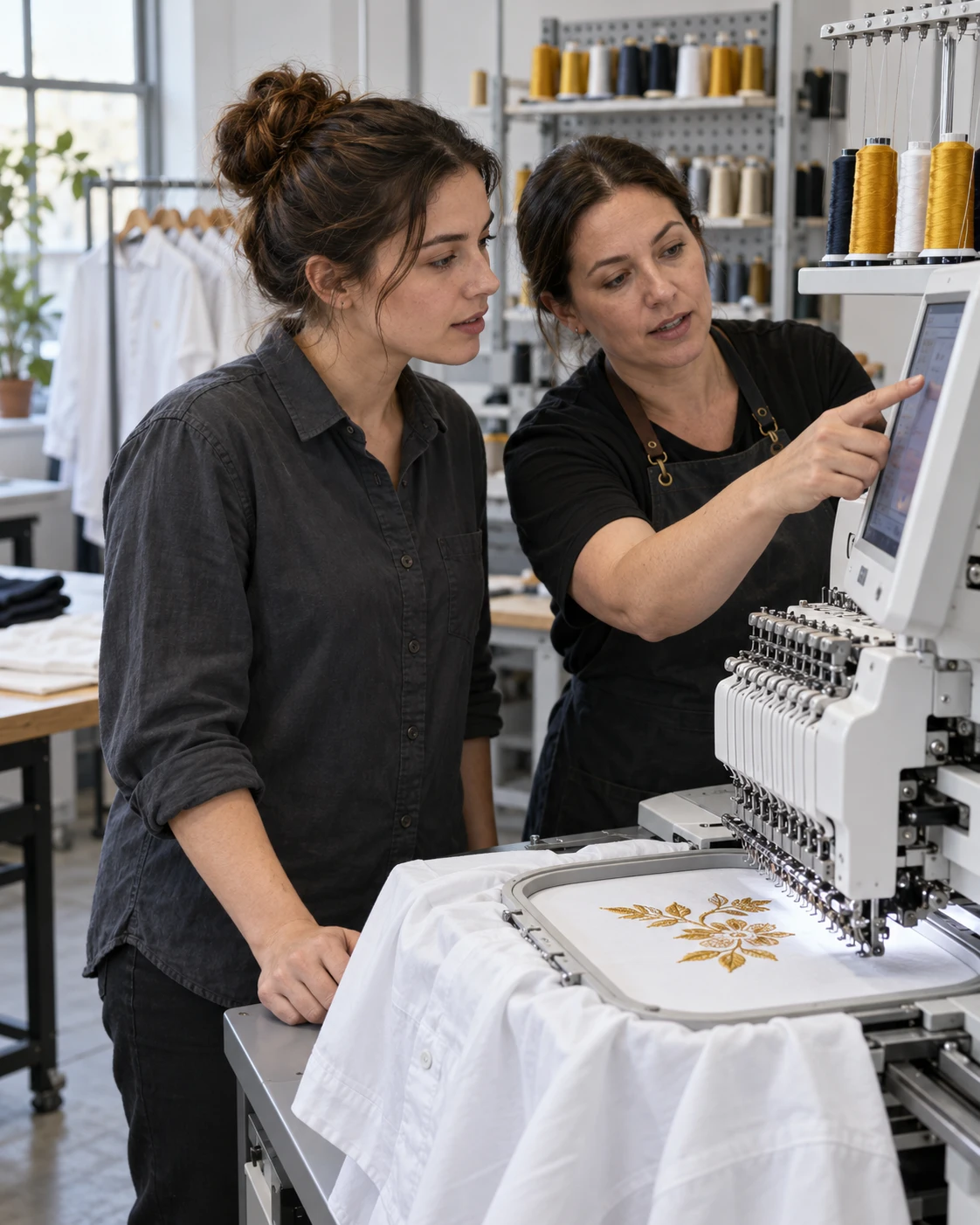 Learner and instructor discussing an embroidery machine in a garment workshop